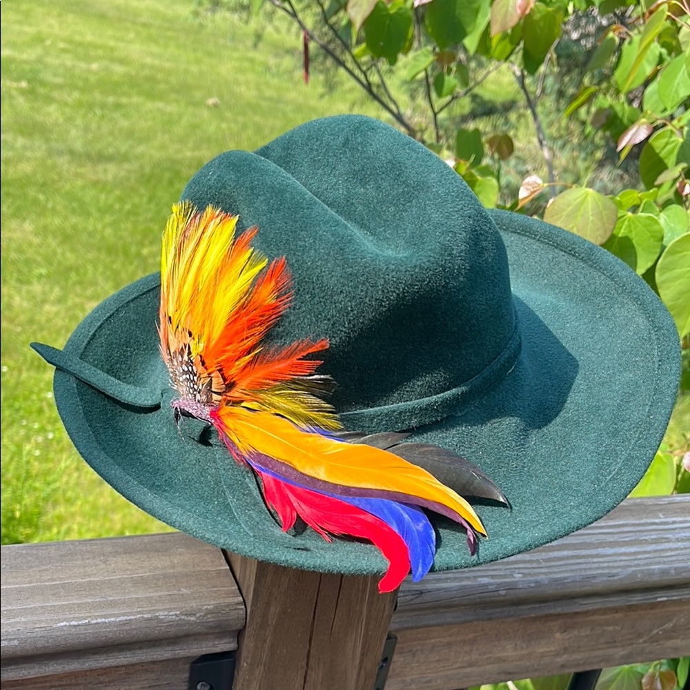Betmar  NY Green and Hat with multicolour Feather Accents